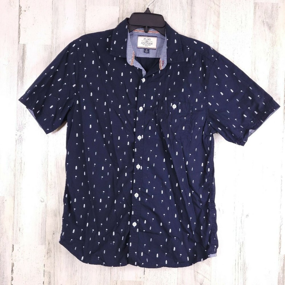 Flag & Anthem Print Cotton Button Down Shirt M